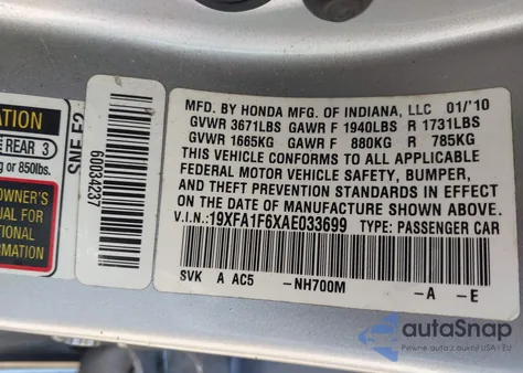 2010 Honda Civic Lx-S z USA, uszkodzony, nr VIN 19XFA1F6XAE033699
